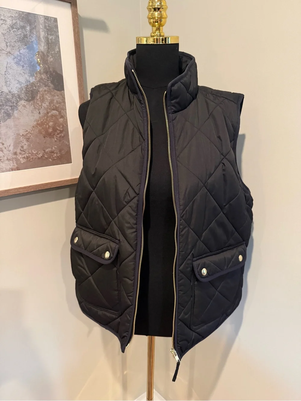 J.Crew Factory Black Quilted Puffer Vest Gingham Gold Hardware L